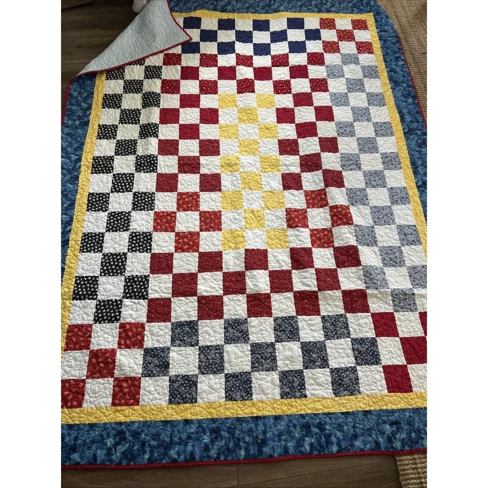 Vintage Hand Made Quilt Full Size Quilt 65x87 inch Patriotic 9 Patch